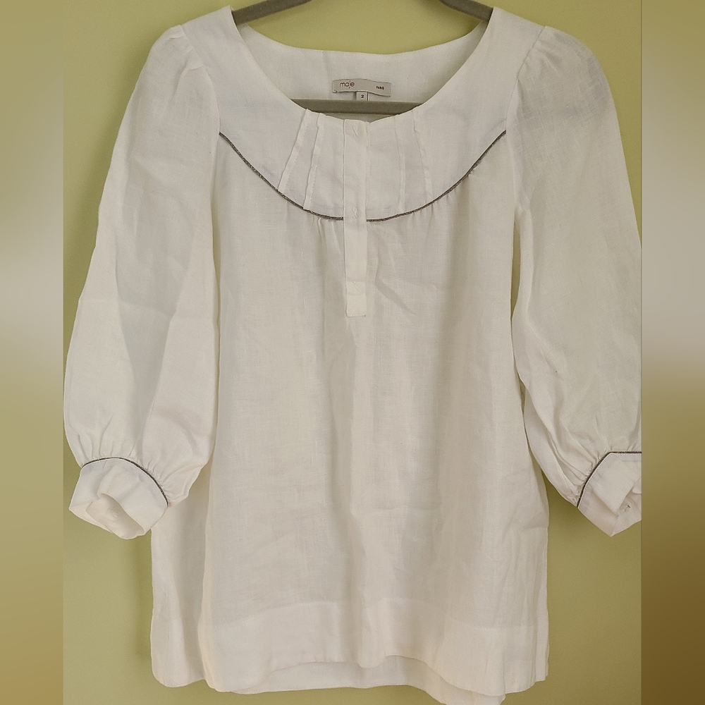 Maje White Linen Pintuck Blouse with Metallic Trim